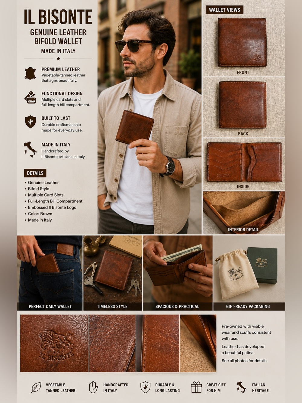 Il Bisonte Brown Leather Bifold Wallet Made in Italy Men's Card Holder